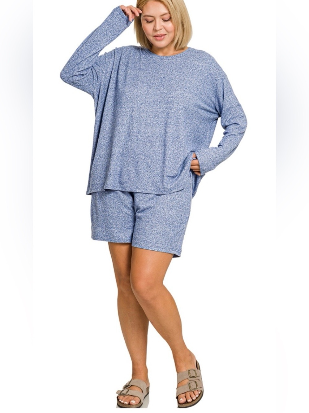 NEW! Plus Size LT Navy Plus soft melange long sleeve tee & shorts set Size 1X - Picture 2 of 5